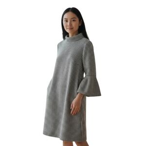 Tyler Boe Houndstooth Pattern Bell Sleeve Cowl Neck Shift Dress Black & White SM